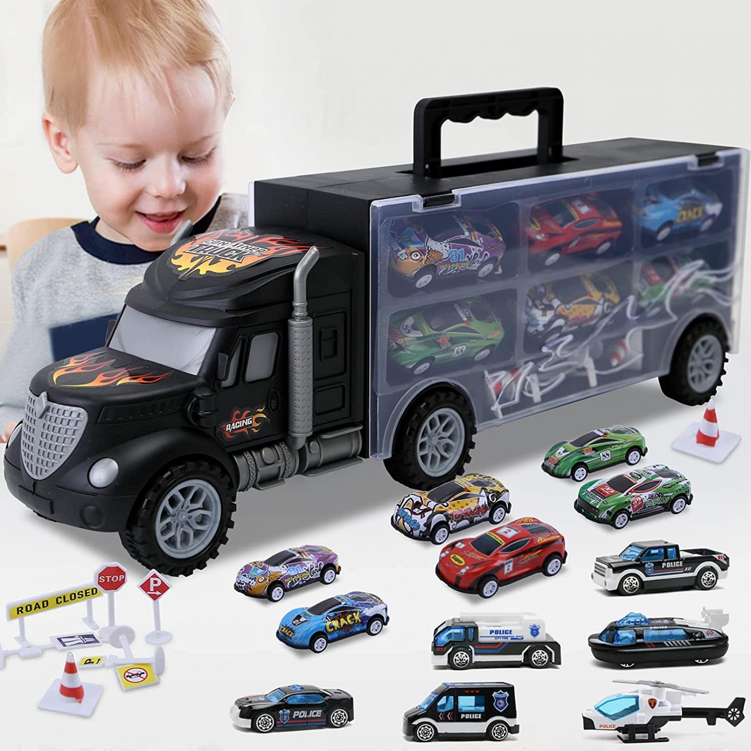 Toddler Toys for 3-4 Year Old Boys,Large Transport Cars Carrier Set Truck Toys with 12 Die-cast Vehicles Truck Toys Cars,Ideal Gift Toys for Kids Age 3-7