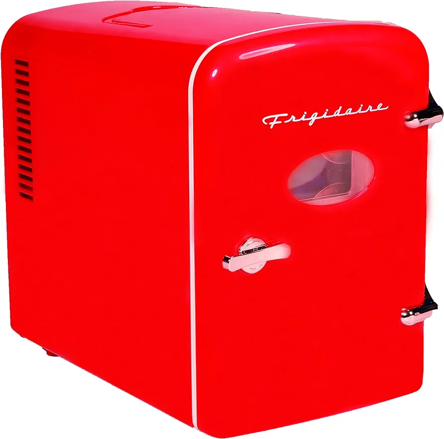 Frigidaire Retro Mini Fridge Cooler, Holds Up to 6 Cans, Portable Fridge for Car, Office, Bedroom, Dorm Room, or Cabin, 100% Freon-Free & Eco Friendly,- 9.84"D x 7.09"W x 10.35"H (Red)