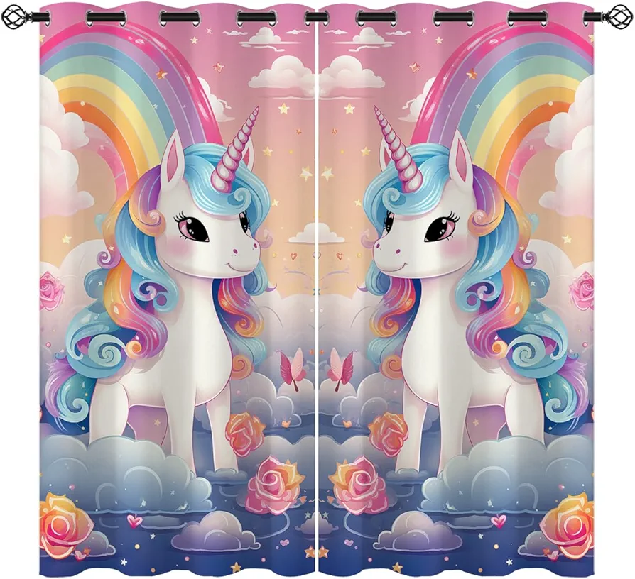 Rainbow Unicorn Blackout Curtains for Girls Boy Home Decor, Fantasy Dreamy Cute Art Cartoon Grommet Thermal Insulated Drapes Darkening Window Curtain for Bedroom Living Room, 42 x 63 Inch