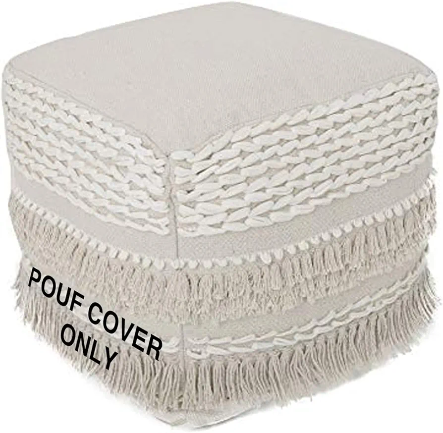 REDEARTH · UNSTUFFED Pouf Ottoman Cover Boho Textured Storage Cube Poof, Farmhouse Accent Pouffe Footrest for Living Room, Bedroom, Nursery, kidsroom, Nook; 100% Cotton (18x18x18; Natural)