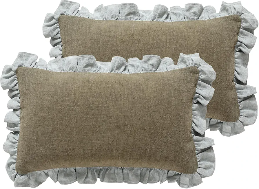 Green Decorative Throw Pillow Covers 12x20 Set of 2, Farmhouse Linen Pillow Covers with Ruffles, Square Sturdy Throw Pillow Case for Couch Sofa Bed Living Room