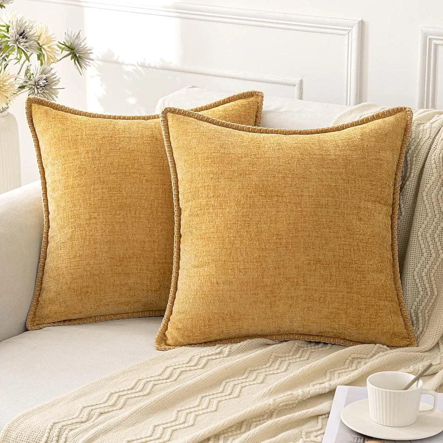 Pack of 2 Fall Pillow Covers Gold Chenille Throw Pillow Covers 20x20 Inch Farmhouse Decorative Pillow Covers With Stitched Edge Soft Throw Pillows for Couch Sofa Bed and Living Room Boho Decor