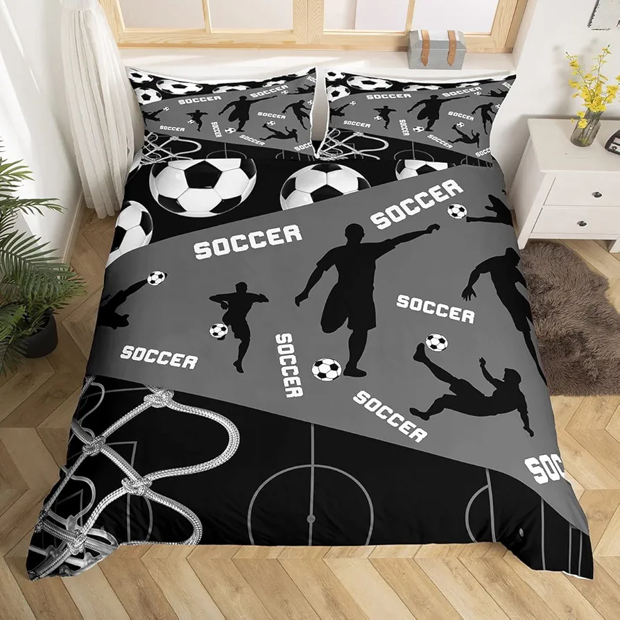 Erosebridal Soccer Duvet Cover for Boys Teens,Grey and Black Bedding Set Full Size,Soccer Player Comforter Cover,Sports Ball Game Court Net Bed Sets with 2 Pillowcases Home Room Decor