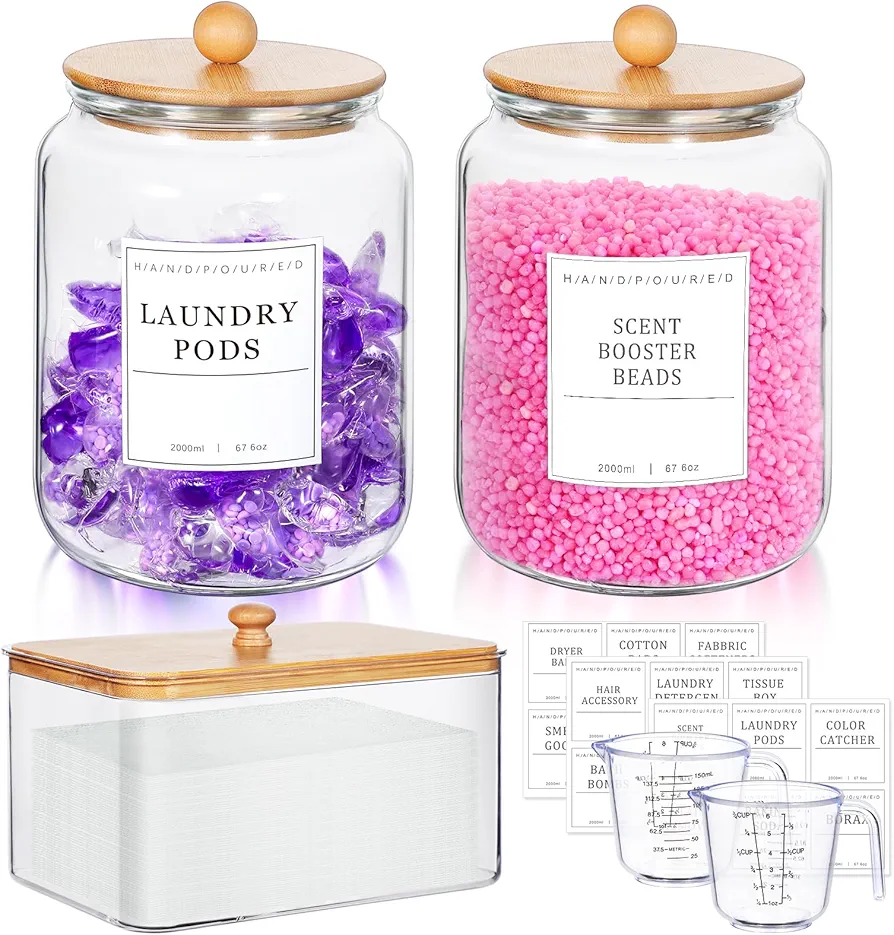 2 Pack Glass Jars Laundry Room Organization and Storage,Half Gallon Glass Containers With Bamboo Lids and Lables,for Laundry Room Organization and Storage,with 2 Measuring Cup and 1 Dryer Sheet Holder