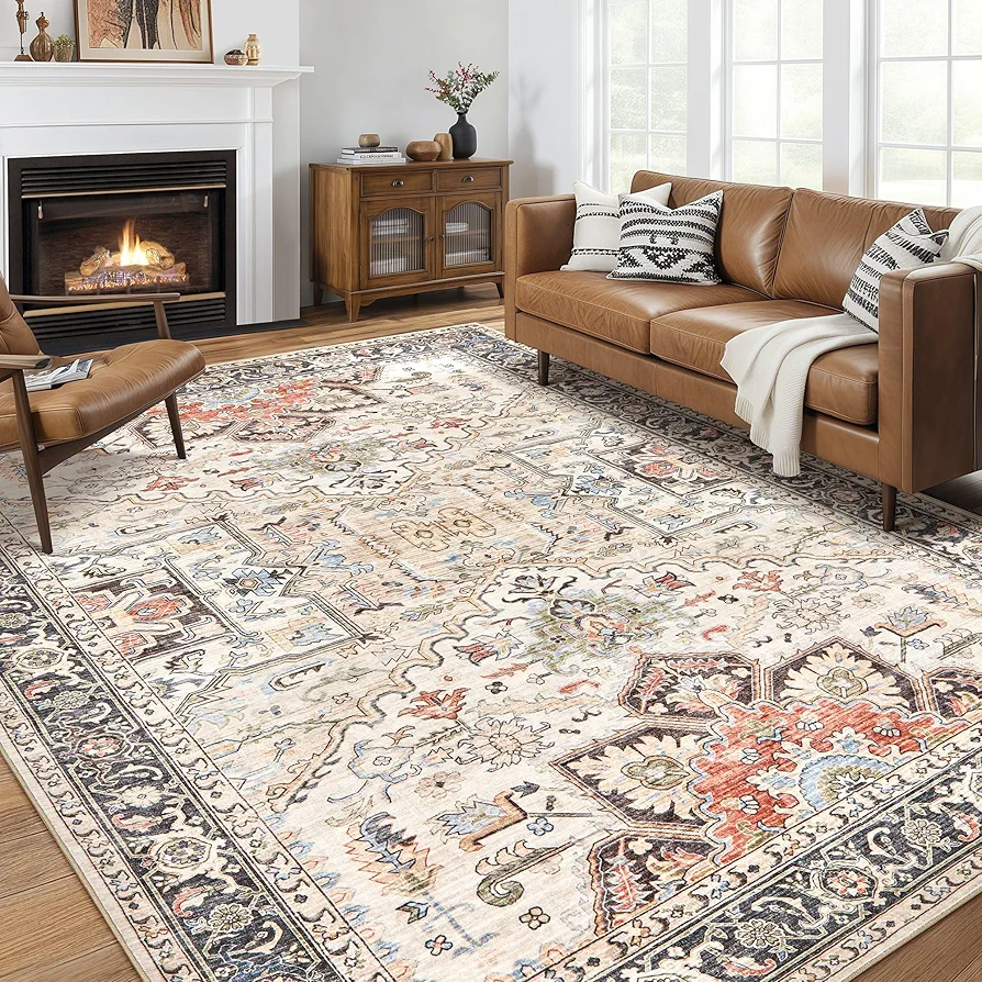 9x12 Area Rugs for Living Room Bedroom Nursery, Large Carpet Ultra Thin Soft Washable Oriental Vintage Floral Distressed Rug Big Indoor Carpets for Room Dorm Home Decor Aesthetic - Multi