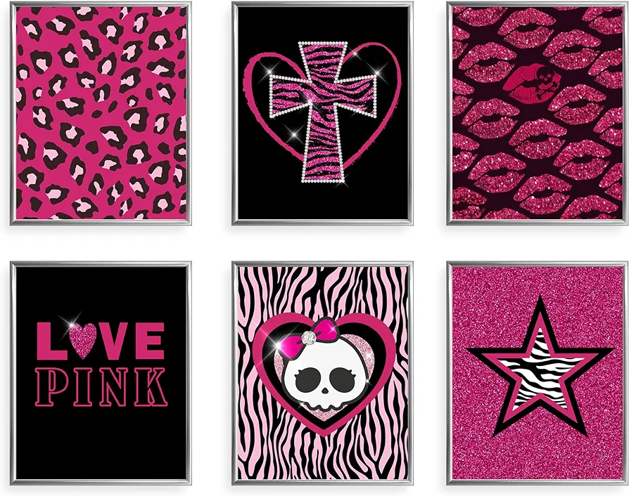 TwoDays Mcbling Room Decor Aesthetic, Trashy Y2k Posters for Girls bedroom, 2000s Hot Pink Wall Art, Emo Baddie Prints for women Apartment.(8" X 10", Set Of 6, UNFRAMED)