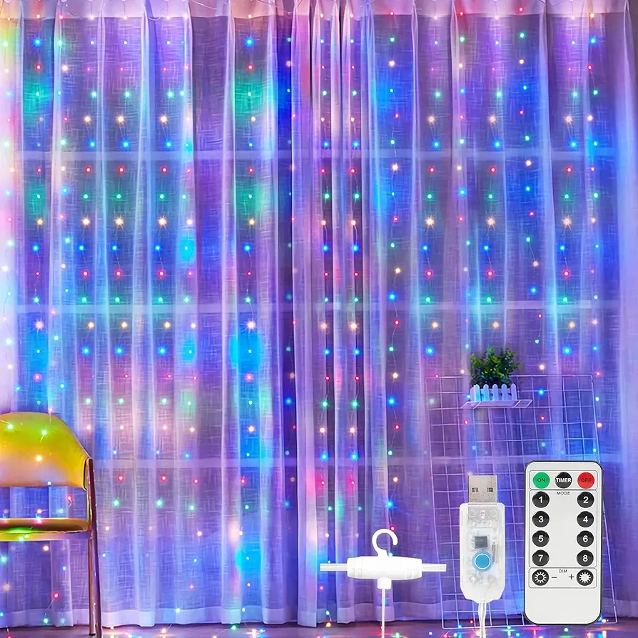 Christmas Curtain String Light 300 LED 9.8FT x 9.8FT 8 Lighting Modes Fairy Lights Remote Control USB Powered Waterproof Lights for Christmas Bedroom Party Wedding Garden Wall Decorations - 4 Colors