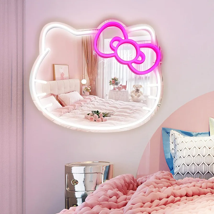 Anime Hello Kit Mirror with light Neon signs for Wall Decor, Neon Mirror with Dimmable for teen girl gift，makeup Mirror neon sign room decor