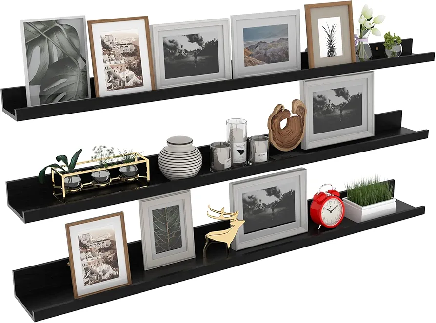 Giftgarden 47 Inch Black Floating Shelves Ledge, Wall Mount Long Picture Rail Large Woodgrain Photo Shelving for Living Room Bedroom Office, Set of 3 Different Sizes