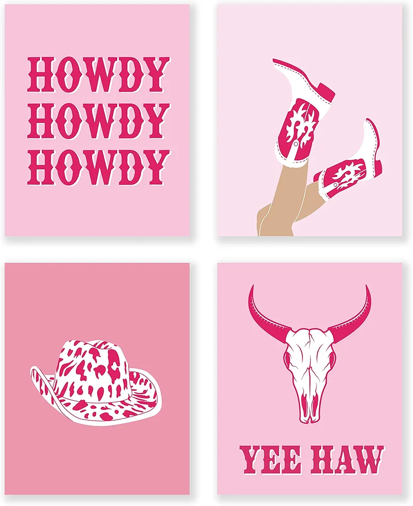 LiTiu Hat Boots Howdy Bull Skull Preppy Western Hot Pink Wall Art Poster Prints Decor, 8”x10”Set Of 4, Preppy Artwork Teens Girls Gifts for Women, Decorations For Girls Room