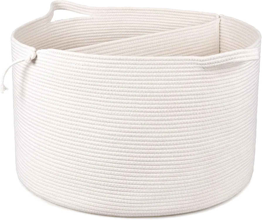 Round Laundry Hamper 2 Section 83L Jumbo Blanket Basket Woven Towel Basket in Living Room Nursery Clothes Organizer White Woven Storage Basket for Kids with Handles, 21.7 x 21.7 x 13.8 inches