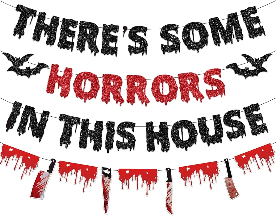 There's Some Horrors In This House Banner, Happy Halloween Decorations Indoor Party, Halloween Decor for Room Office Wall, Adult Horror Halloween Banner Decorations