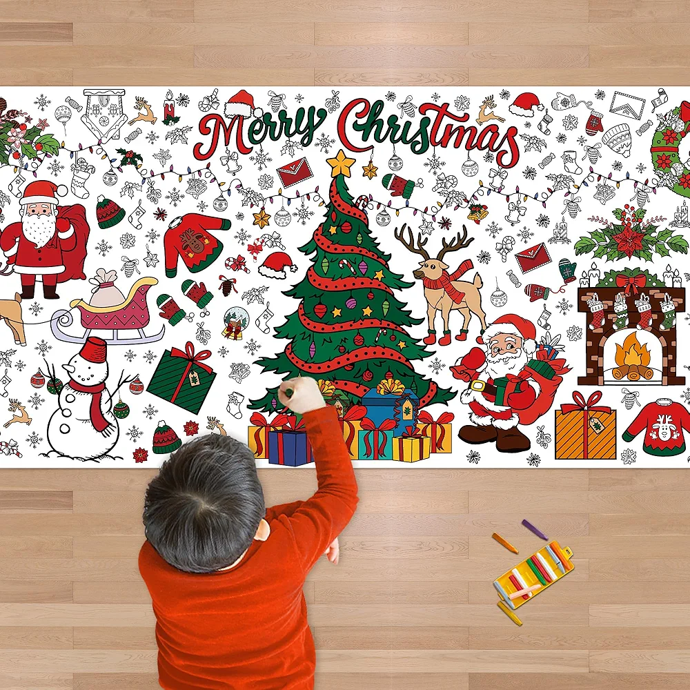 OHOME Xmas Giant Coloring Poster/Tablecloth-Christmas Crafts for Kids-30 x 72 Inches Jumbo Paper Coloring Banner Kids Gifts Activities Toys Party Classroom Christmas Decorations[Kids Games]