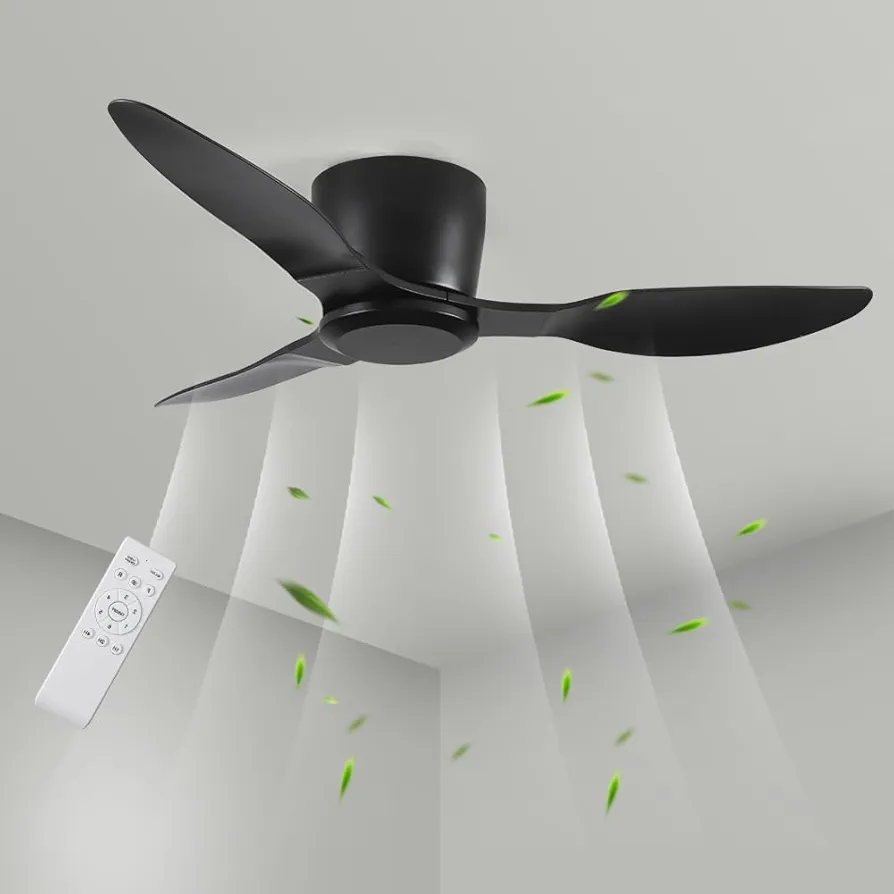 40 Inch Black Ceiling Fans No Light, Flush Mount Ceiling Fan 3 Blade 6-Speed Modern Timer with Remote Control, Noiseless Reversible Ceiling Fan for Living Room Bedroom,DC Motor