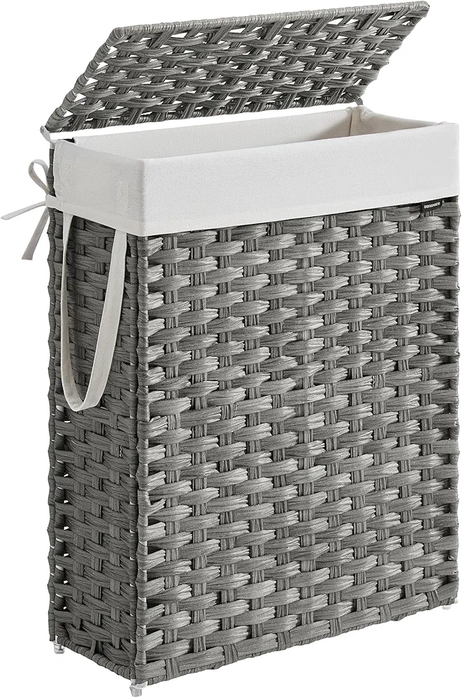 SONGMICS Slim Laundry Hamper with Lid, 14.5 Gallon (55L) Rattan Clothes Laundry Basket with Lid and Handles, Foldable, Removable Liner, Dove Gray ULCB164G01