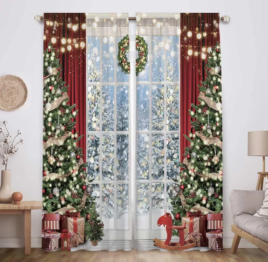 Allenjoy Christmas Window Curtain Winter Xmas Tree Glitter Bokeh Print Curtains Home Decor Rod Pocket Darkening Drapes for Bedroom Living Room 82 in x 84 in