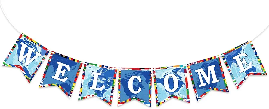 Outus International Welcome Banner World Flags Paper Banner Travel Trip Around the Globe Garland Banner for International Sports Events Club School Classroom Birthday Party Celebration Decoration