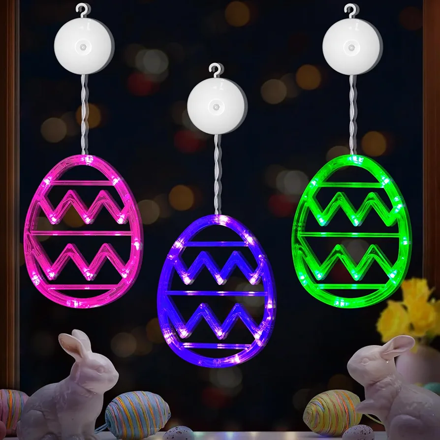 Easter Window Lights 3 Pack Easter Hanging Decorations Green Blue Pink Egg Shaped Easter Lights with Sucker, Easter Lights Battery Operated Egg Lights String for Indoor Home Classroom Easter Decor