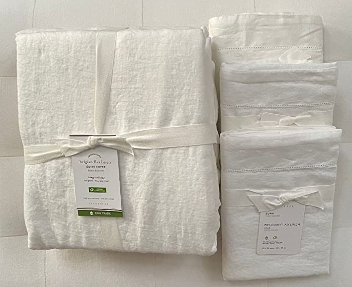 Pottery Barn Belgian Linen Flax Duvet Cover King/California King & Three Euro Shams~White~, King/California King Duvet