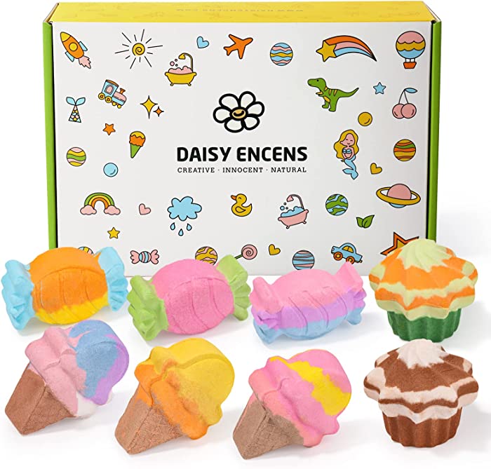 Daisy Encens Bath Bombs for Kids in Cupcake,Candy & Ice Cream Shape,8 Pack Moisturizing Bubble Fizzies Handmade with Natural Essential Oils,Cute Bath Bomb Gift Set Girls Women for Birthday Christmas