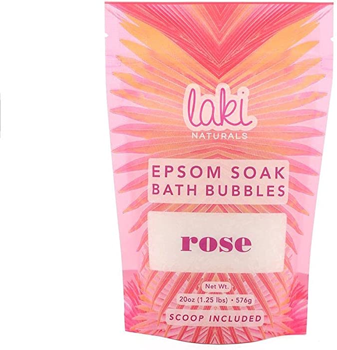 Laki Naturals Epsom Soak Bath Bubbles, Epsom Salts for Relaxation, Natural Bubble Bath Made from Coconut, Paraben Free Detox Bath Salts - Rose, 20oz (566g)