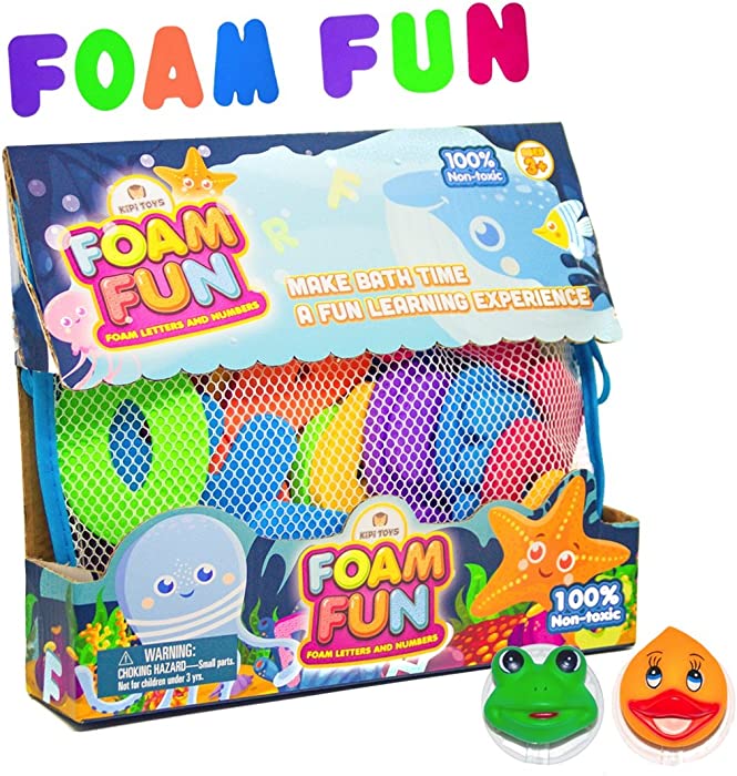 Foam Fun Alphabet Letters and Numbers for Bathtub Educational Organizer Storage Container Water Colorful Pastel Mesh Net Tub Floating Toy 36 PCS ABC for Kids Children Boys Girls