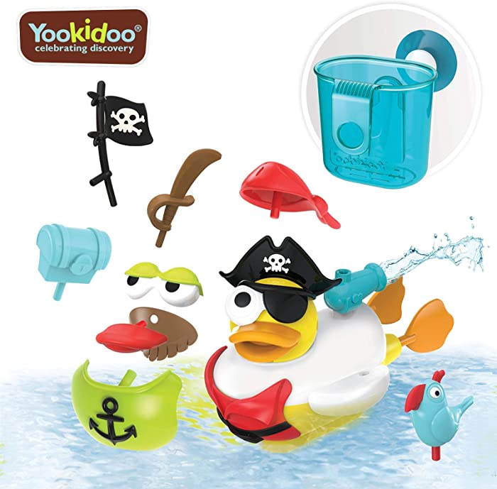 Yookidoo Jet Duck Pirate Bath Toy with Powered Water Shooter - Sensory Development & Bath Time Fun for Kids - Battery Operated Bath Toy with 15 Pieces - Ages 2+