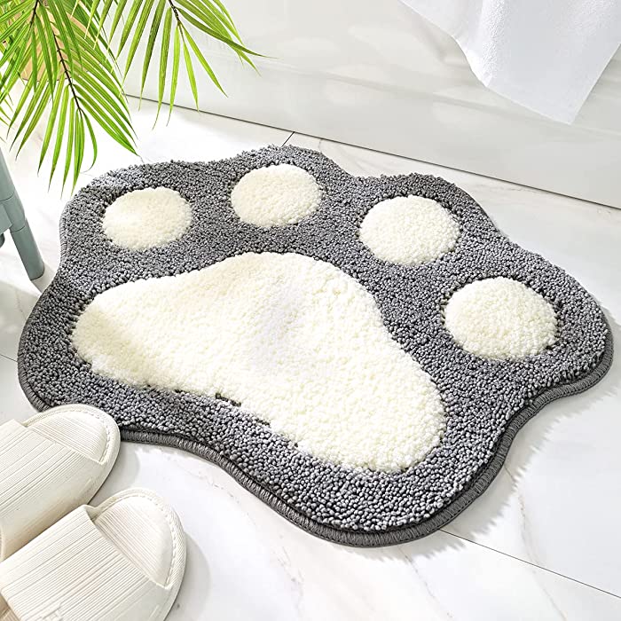 Paw Shaped Bathroom Rug Non-Slip Bath Mat 17.7 x 23.6, Soft Microfiber Water Absorbent Thick Shaggy Shower Rug, Machine Washable Bath Rug for Bathroom, Gray