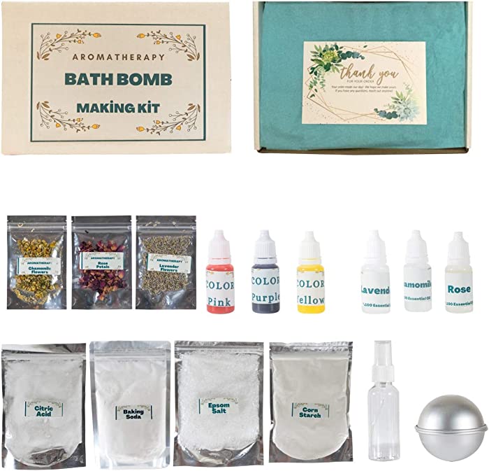 Bath Bomb Making Kit, Aromatherapy, 10pcs Bath Bombs, Dry Flowers and Essential Oils (Lavender, Rose Petals and Chamomile) D.I.Y Mix and Mold Your own Making Kit