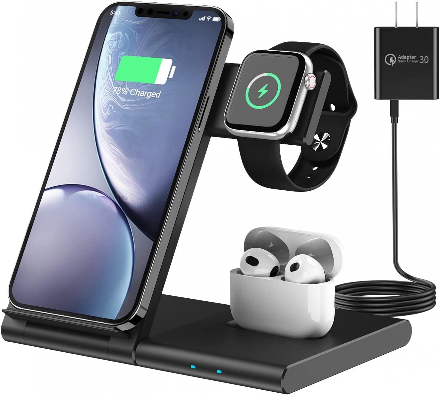 Wireless Charger 3 in 1 Wireless Charging Station for iPhone 14/13/12/11/Pro/Max/XS/Max/XR/XS/X, iWatch 7/6/SE/5/4/3/2, Airpods Pro/3/2/1