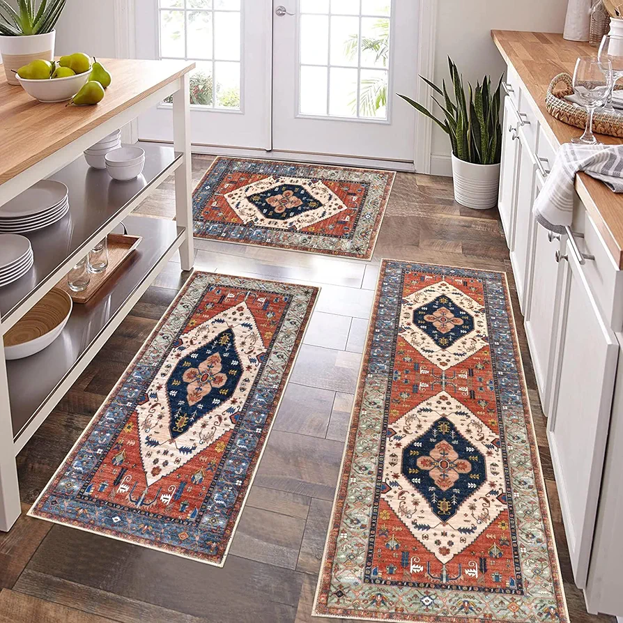 Pauwer Farmhouse Kitchen Rugs Sets of 3, Kitchen Runner Rugs Non Slip Washable, Boho Kitchen Mats for Floor, Indoor Door Mat Entrance, Laundry Room Rug, Thick Kitchen Floor Mat Carpet