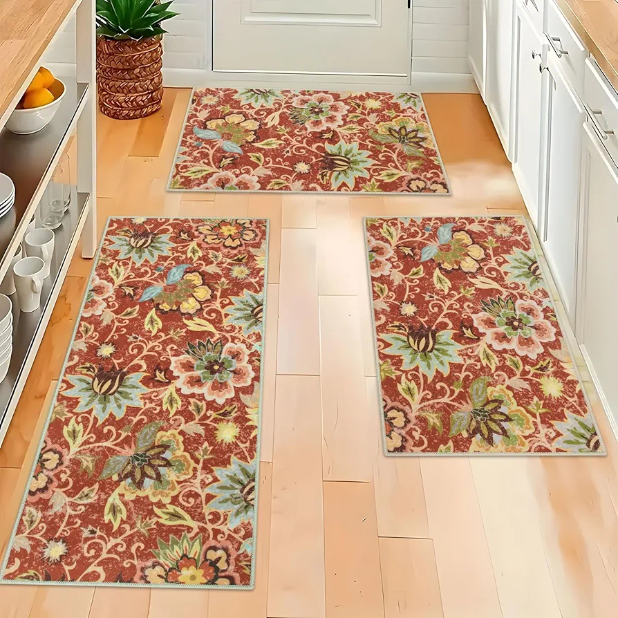 Homcomoda Kitchen Mats 3 Piece Set Boho Kitchen Rugs and Mats Non Slip Washable Floral Kitchen Floor Mats Set of 3 Kitdhen Runner Carpets for Sink,Laundry Room,Hallway