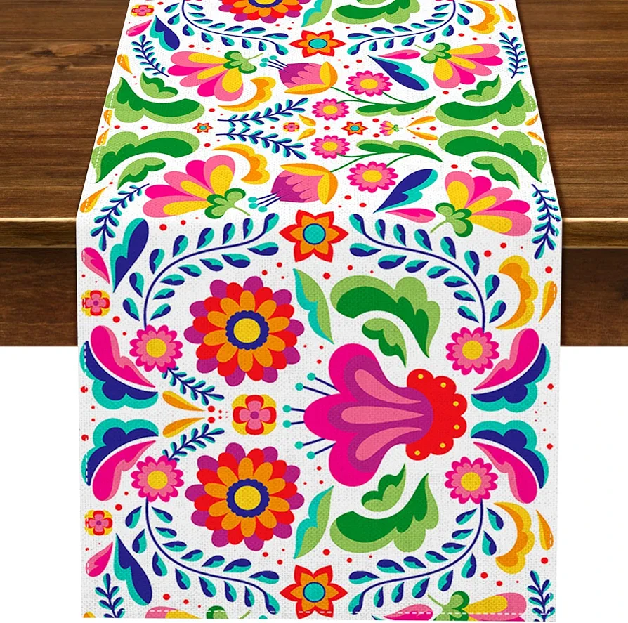 Nepnuser Mexican Table Runner for Fiesta Dia De Los Muertos Cinco De Mayo Rustic Linen Home Dining Room Kitchen Table Decorations (13" x 72", White)