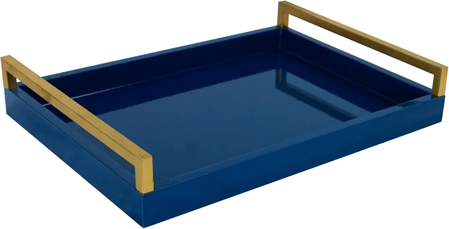 MAONAME Blue Decorative Tray, Serving Tray with Metal Handles, Rectangle Wood Tray for Ottoman, Modern Coffee Table Tray for Living Room, Bathroom, 15.7" x 11.8"x 1.97"