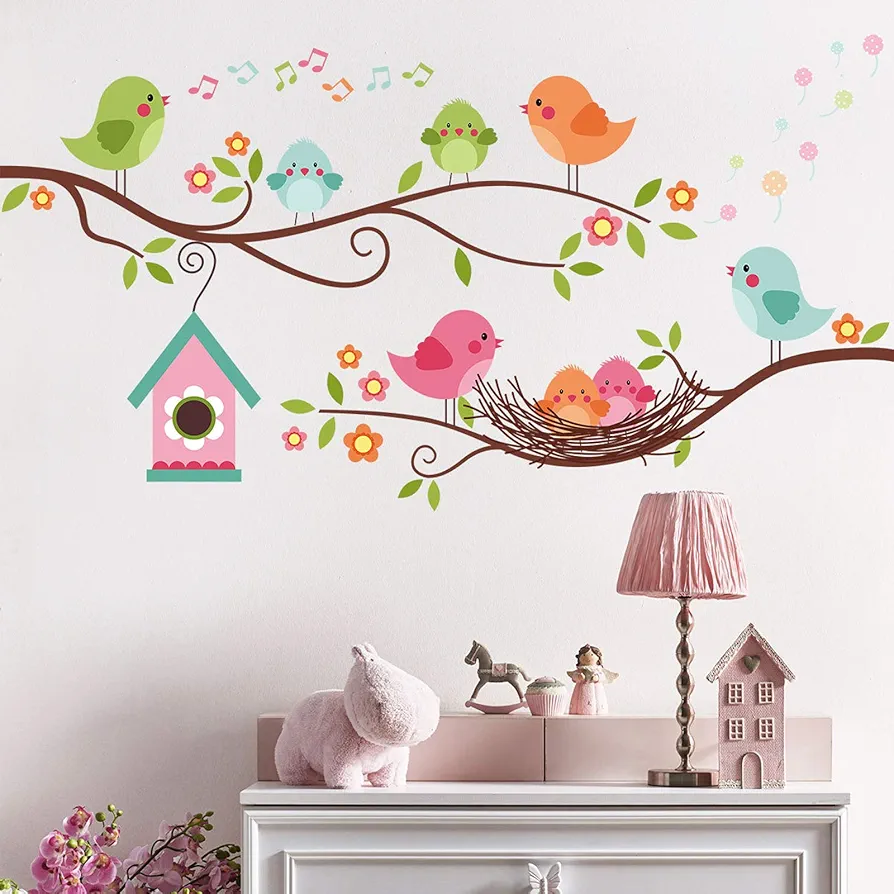 Robin Bird and Tree Branch Wall Stickers, Colorful Cute Cartoon Lovely Birds Singing On The Branch with Flowers Wall Decal, DILIBRA Removable DIY Mural Decorations for Living Room Bedroom Baby Room