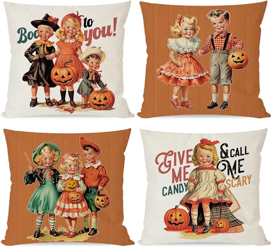 Vintage Halloween Throw Pillow Covers 18x18 Inch Boys Girls Jack O Lantern Pumpkin Orange Fall Decorations Indoor Decorative Throw Pillows Cases Set of 4 for Home Living Room Couch Decor