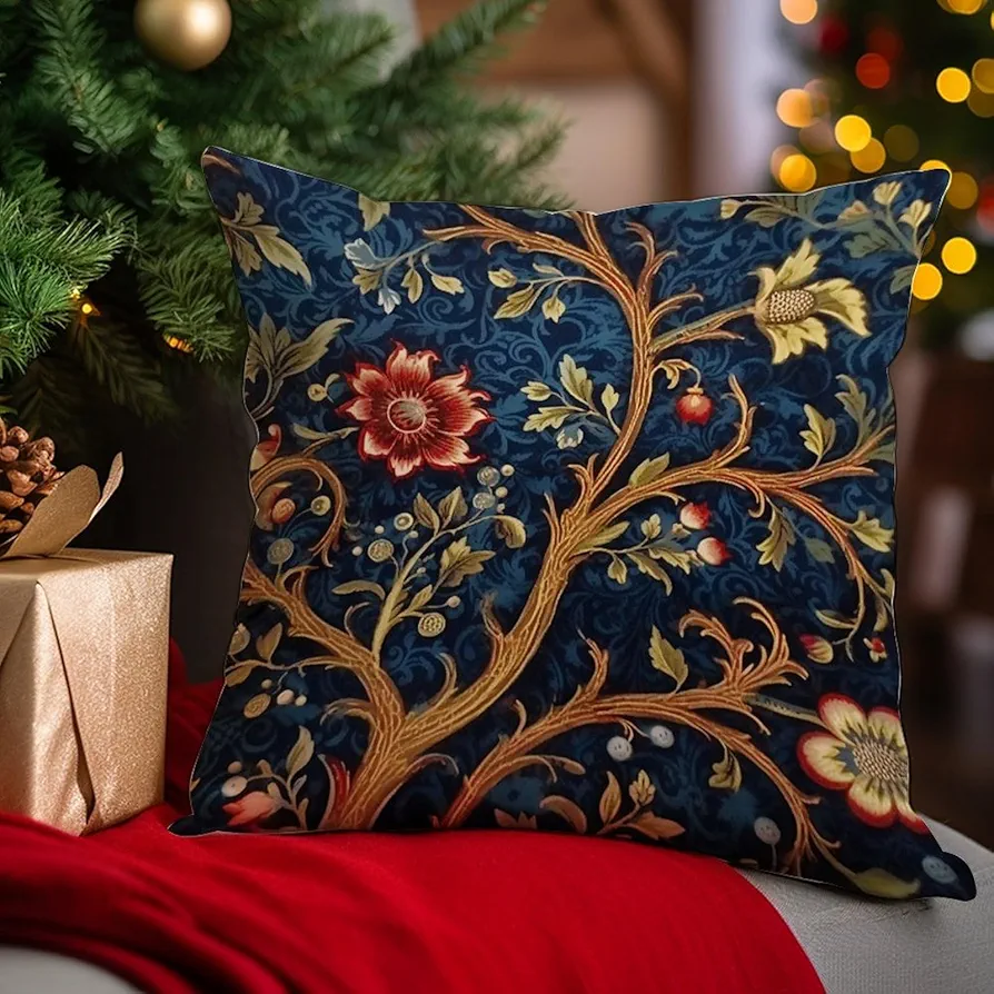 Navy Blue Burgundy Gold Chinoiserie Style Pillow Case Botanical Floral Throw Pillow Cover Asian Inspired Cushion Cover 22x22in Accent Pillowcase Antique Decor for Sofa Living Room Bedroom