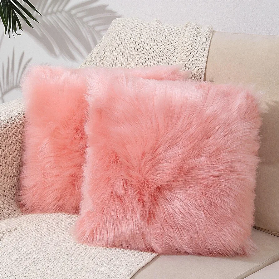 Excluding Insert Faux Fur Sheepskin Pillow Cover 18x18 Inch Pink Shag Fuzzy 2 Pcs Super Soft Fluffy Cushion Plush Pillow Case New Luxury Series Living Room Sofa Bed Home Decor Square Chair Cushion