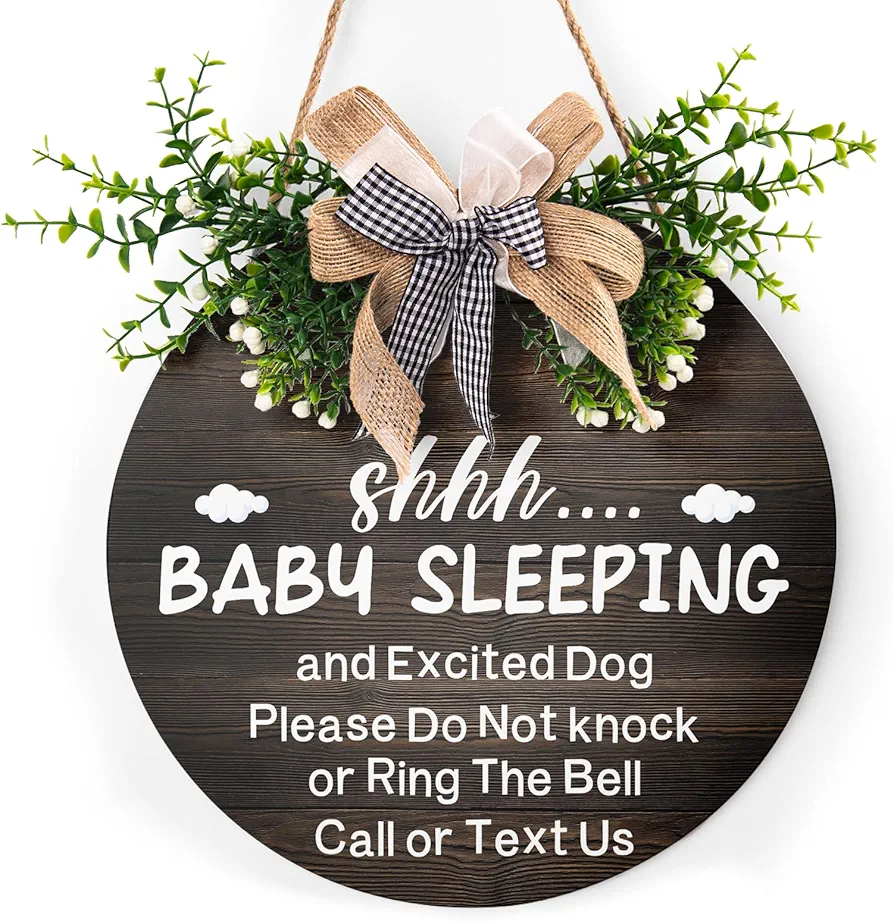 Baby Sleeping Sign for Front Door 12"x12" Please Do Not Knock Or Ring The Bell Round Wooden Door Hanging Plaque Sign Baby Room Decor for House Front Door Porch Yard Garden Decor