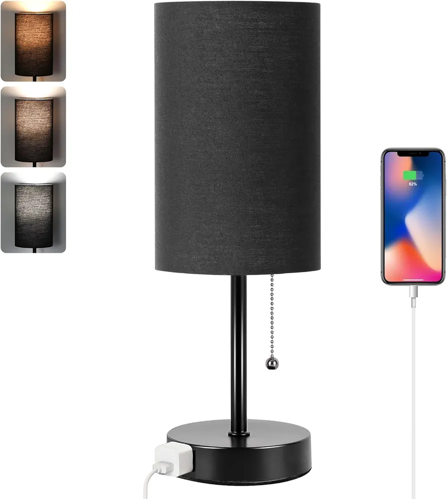 Dott Arts Table Lamp for Bedroom, 3-Color Bedside Lamps with Pull Chain, Bedroom Table Lamps for Nightstand,Small Lamp for Living Room, Bulb Included Black