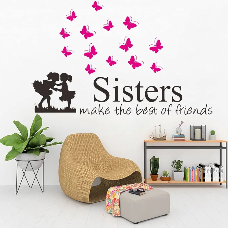 Sisters Make The Best Friends Wall Decal with Butterfly Art for Girls Room - Removable PVC Vinyl Sticker - Effect 39x24 inch - Sisterhood Quote JWH174 (Black+Blush Butterfly)