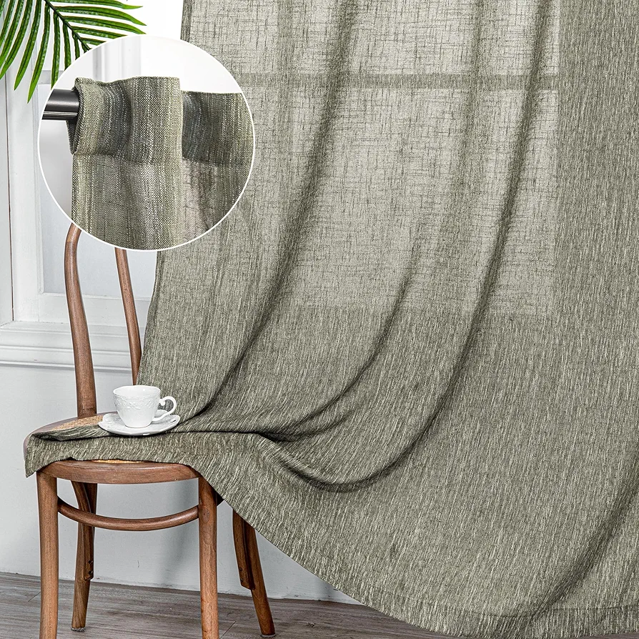 MYSKY HOME Living Room Curtains 84 Inches Long Semi Sheer Light Filtering Privacy Drapes Linen Look Textured Boho Home Decor, Backdrop Curtain for Parties, 50" x 84", Olive Green, 2 Panels