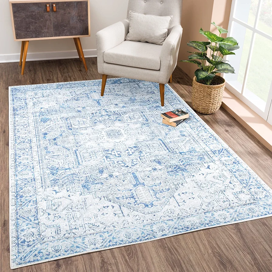 Bloom Rugs Washable Non-Slip 3' x 5' Rug - Blue/Gray Traditional Area Rug for Living Room, Bedroom, Dining Room, and Kitchen - Exact size: 3' x 5'