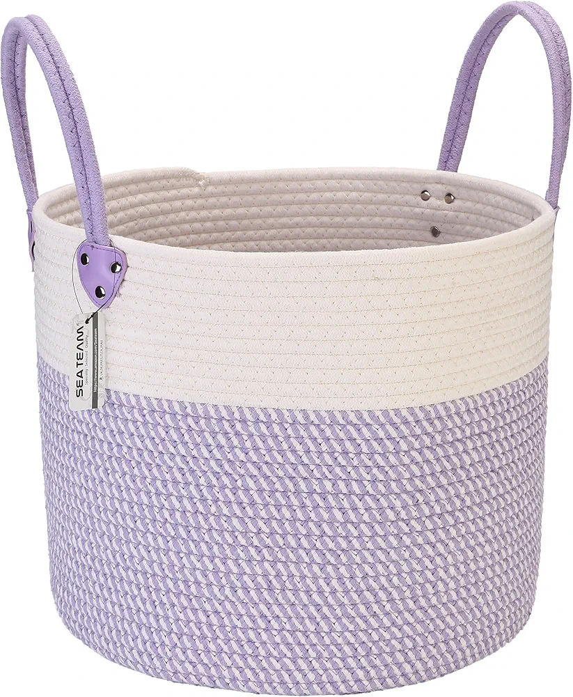 Sea Team Round Open Design Cotton Rope Woven Storage Basket with Handles, Laundry Hamper, Fabric Bucket, Clothes Toys Organizer for Kid's Room, 15 x 13 inches, Purple