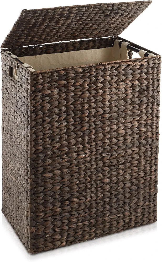 Casafield Large Laundry Hamper with Lid and Removable Liner Bag - Espresso, Woven Water Hyacinth Rectangular Laundry Basket Sorter for Clothes and Towels