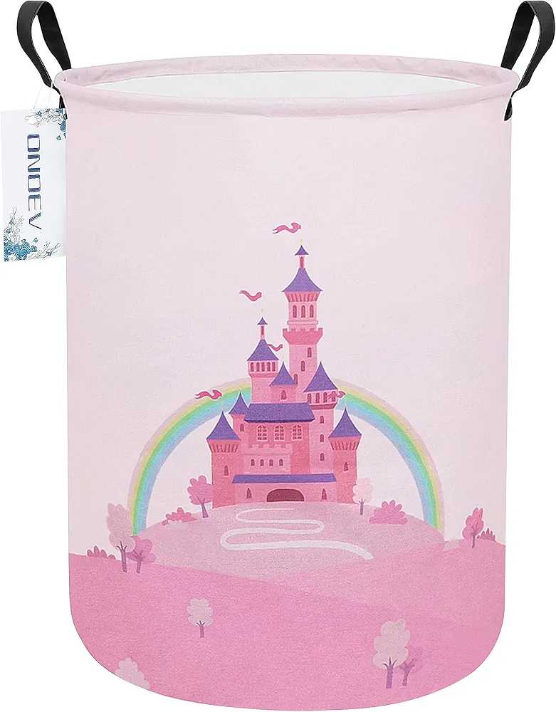 Laundry Hamper, Round Waterproof Storage Basket with Handle, Foldable, Pink Castle, 19.7in(H) x 15.7in(D), for Children's Room and Toy Storage