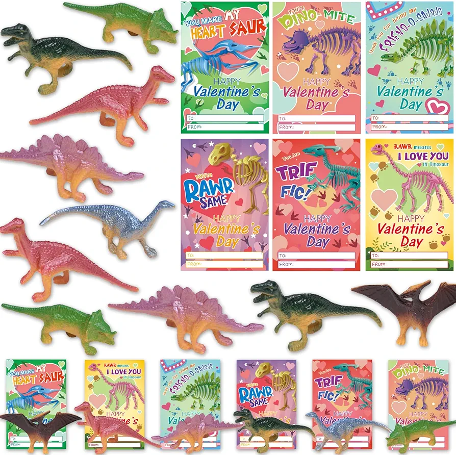 Wiooffen 36 Valentines Day Gift Cards with Dinosaurs Figure Toys Gift for Kids Valentine's Party Favor Classroom Exchange School Prizes Student Activity Supplies