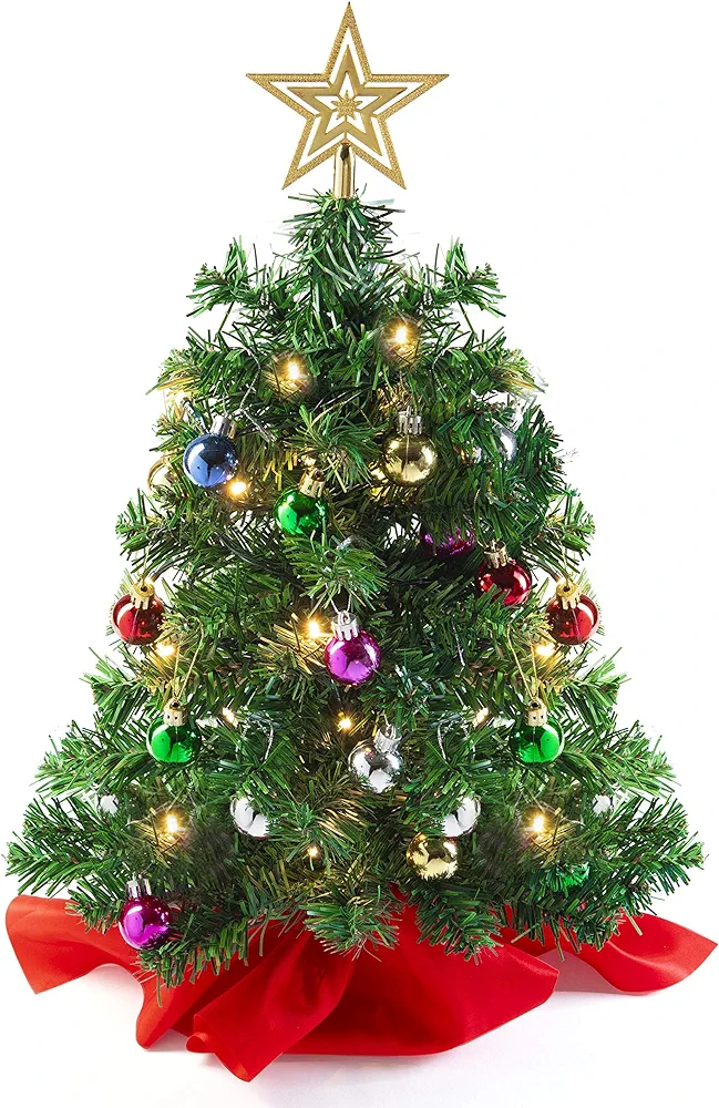 Prextex 22” Mini Christmas Tree with Lights Ornaments and Presents - Small Christmas Tree with Lights Christmas Table Decorations Little Christmas Tree White Christmas Tree - Warm White, Green