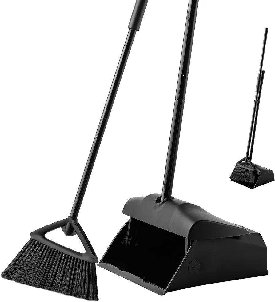 Eyliden Commercial Angle Broom and Dustpan Combo, with Long Handle, Lobby Dust Pan Sweep Set for Outdoor Garages Courtyard Sidewalks Decks Indoor Home Kitchen Room Office (Black Broom+Dustpan)