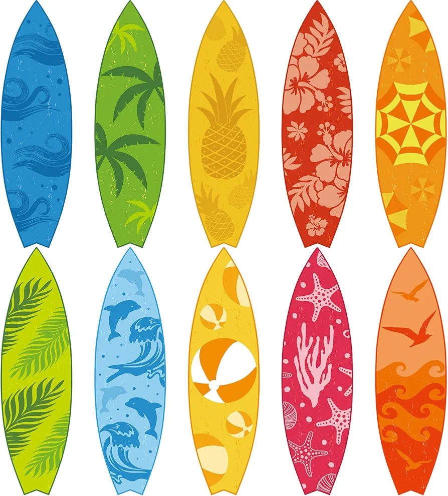 10 Pcs Surfboard Cut Outs Accents 28 x 8.07Inch Tropical Beach Decoration Hawaii Cutouts Paper Surfboard Sign Summer Bulletin Board Decoration for Beach Summer Party Classroom Home Wall Decor